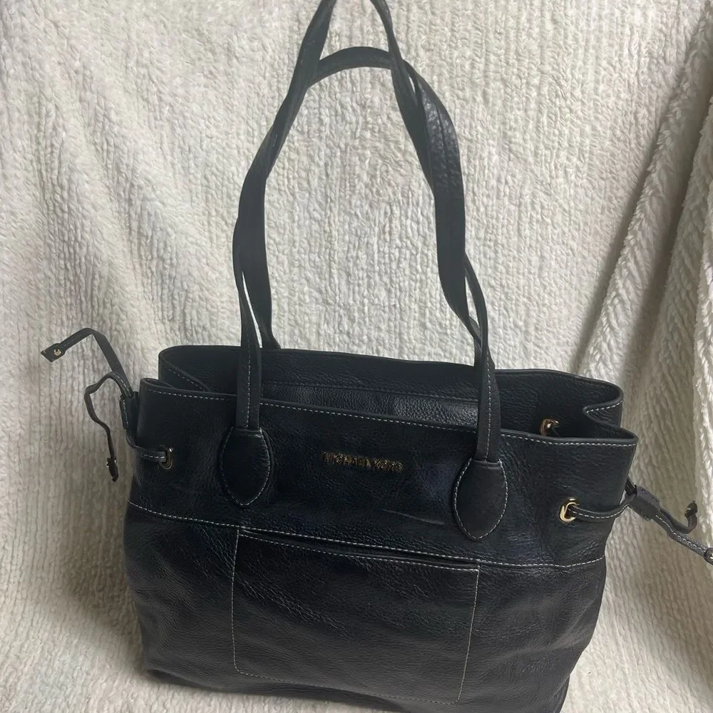 Michael Kors Black Leather Shoulder Bag with side drawstring gold tone hardwares